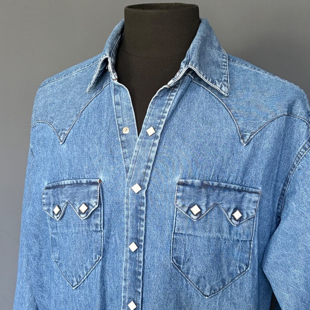 1970s Rockmount Tru-West Denim Western Shirt | Pearl Snap Sawtooth | Size L |